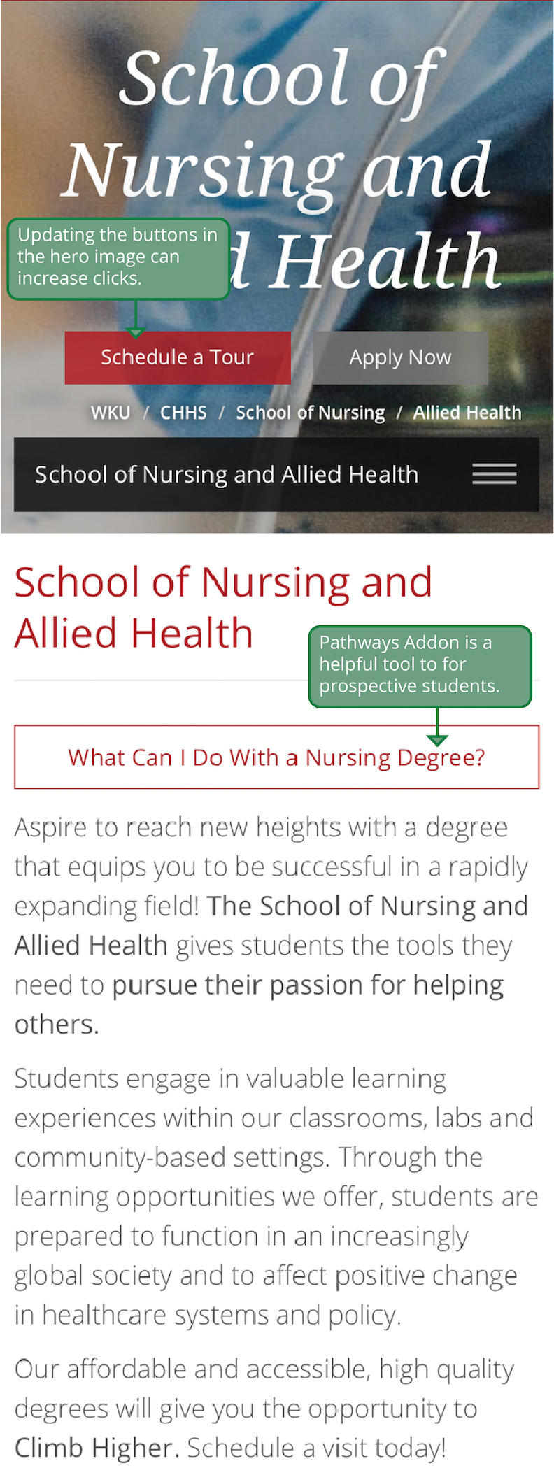 Screenshot of WKU Nursing website after APM Web Refresh.