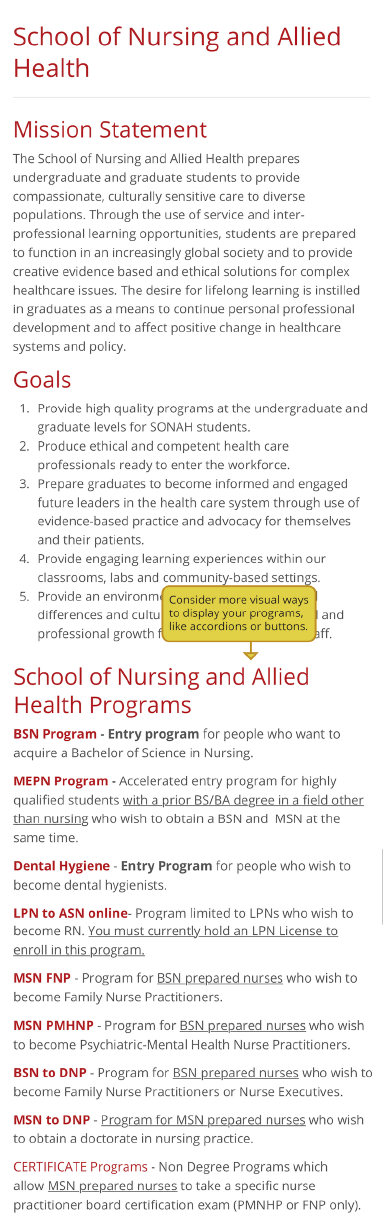 Screenshot of WKU Nursing website before APM Web Refresh.