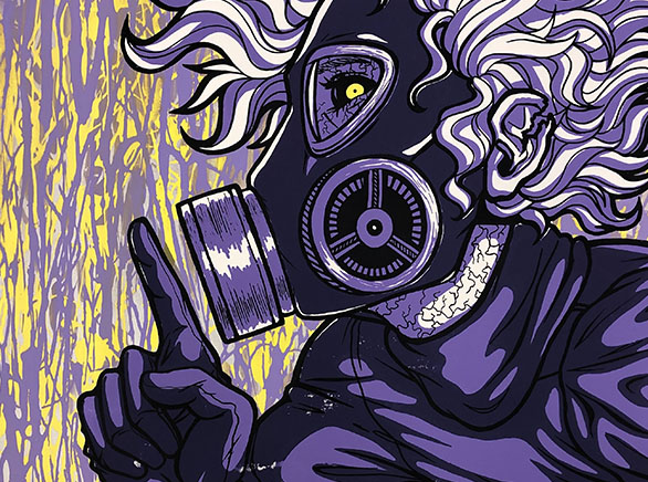 Woman in gas mask with purples