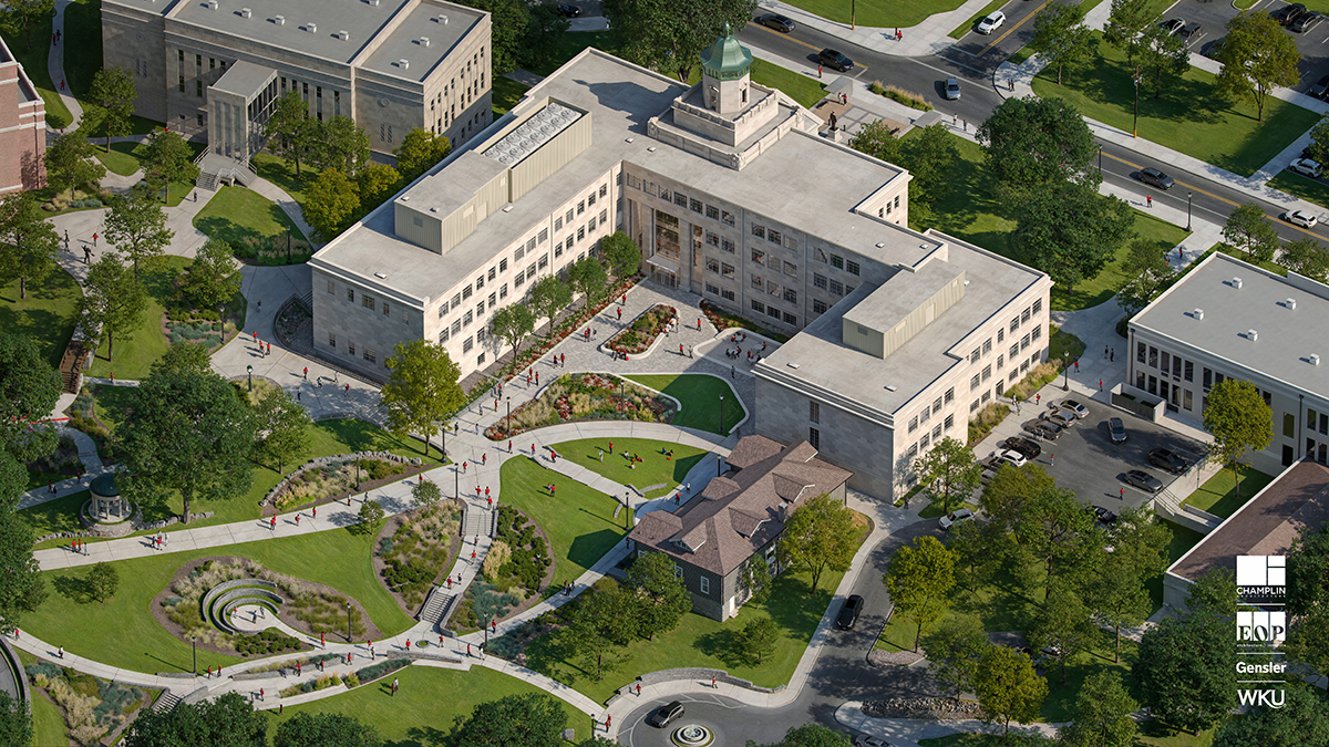 Exterior view from above of Cherry Hall