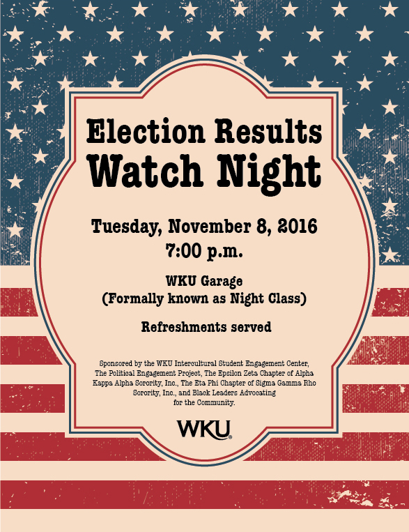 election results watch night. Tuesday, November 8, 2016. 7pm WKU Garage (formerly known as night class). refreshments served. WKU.