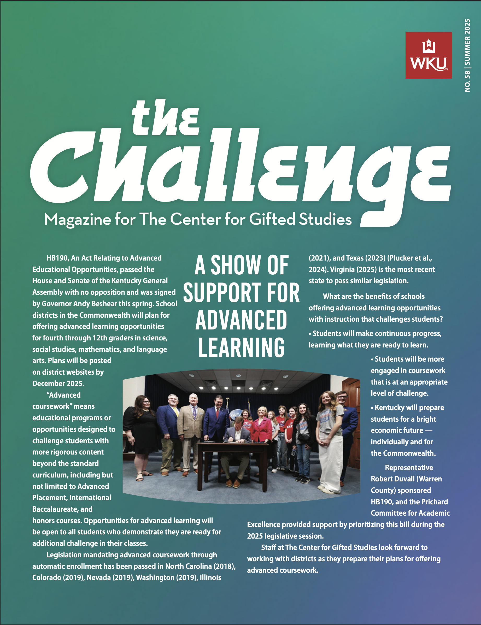 cover of the challenge magazine with a green and blue gradient background and a short story about the passing of House Bill 190