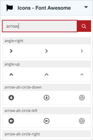 A screenshot of the Font Awesome gadget with search results for the term, arrow