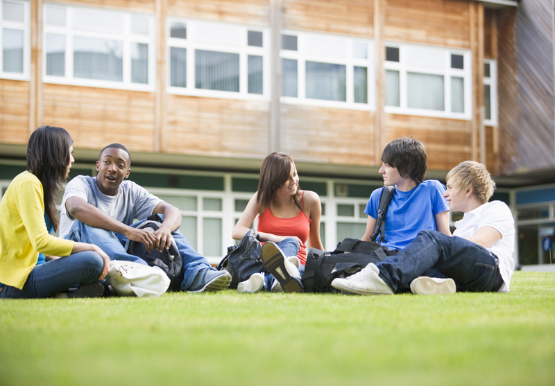 Students sitting on lawn