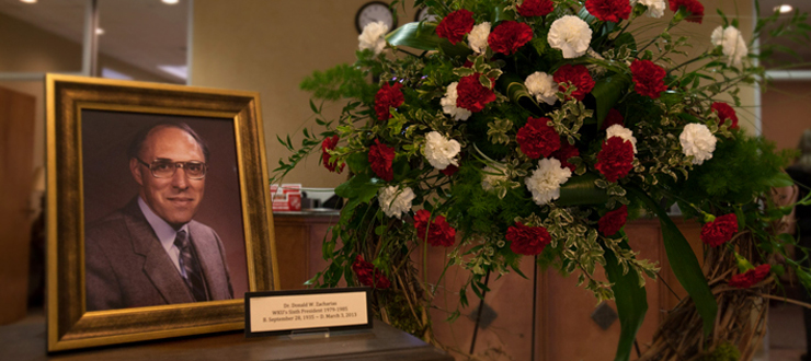 #caption1 A memorial celebrating the life of former WKU President Donald W. Zacharias is on display in the lobby of WKU’s Wetherby Administration Building.