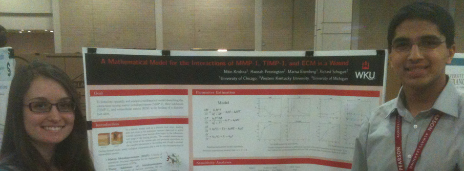 #caption7 Current WKU Honors student Hannah Pennington and former Gatton Academy student Nitin Krishna, both students of Mathematics faculty member Dr. Richard Schugart, presented a poster at the 2015 Joint AMS-MAA meetings in San Antonio, TX, and won the top poster award in the biomathematics category.