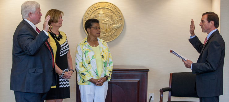 #caption2 WKU's Board of Regents installed new officers Friday (July 24). From left: Frederick A. Higdon of Lebanon, Chair; Melissa B. Dennison of Glasgow, Vice Chair and Cynthia Harris of Louisville, Secretary.