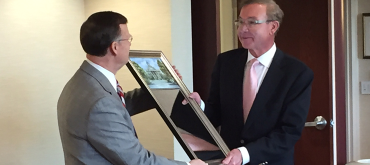 #caption7 President Gary A. Ransdell recognized Mr. Laurence J. Zielke for his time as Regent on April 22, 2016.