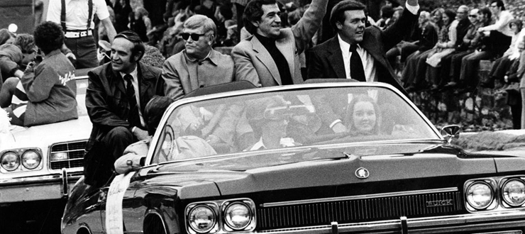 #caption10 Hilltoppers Quartet in the 1972 homecoming parade. Seymour Spiegelman, Billy Vaughn, Jimmy Sacca and Don MgGuire.
