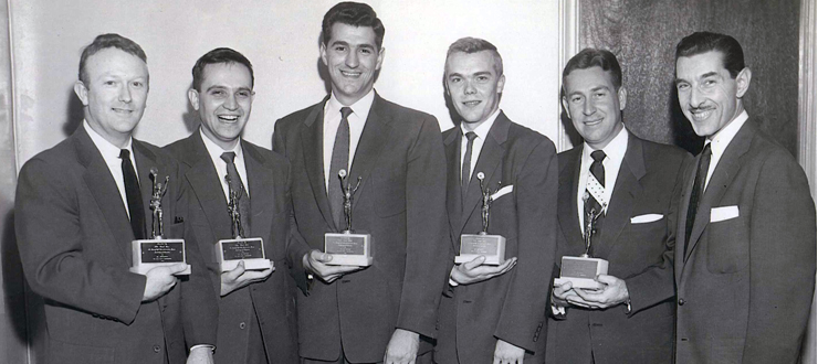 #caption4 The Hilltoppers and Randy Wood received the 1953 Best Vocal Combination award from Bob Austin (far right) of Cash Box magazine. From 1952 to 1957, The Hilltoppers ranked in the top five on this poll.