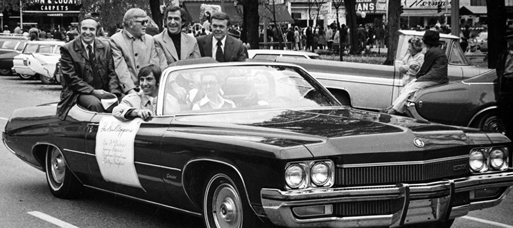 #caption9 Hilltoppers Quartet in the 1972 homecoming parade in downtown Bowling Green, Ky. Seymour Spiegelman, Billy Vaughn, Jimmy Sacca and Don MgGuire.