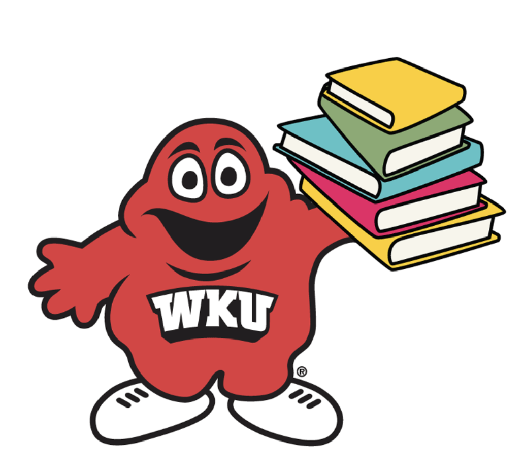 Big Red (WKU's Mascot) holding a stack of books.