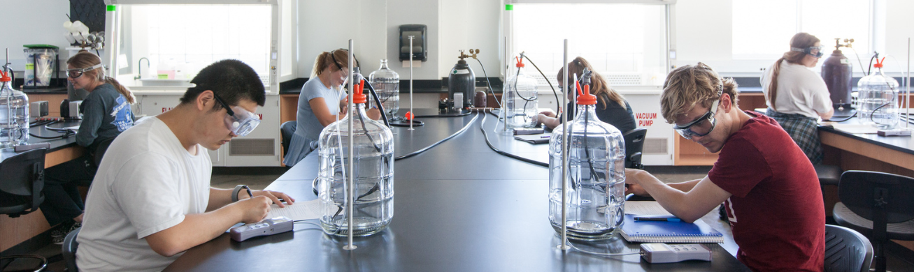 Four students work in a Chemistry lab at WKU.