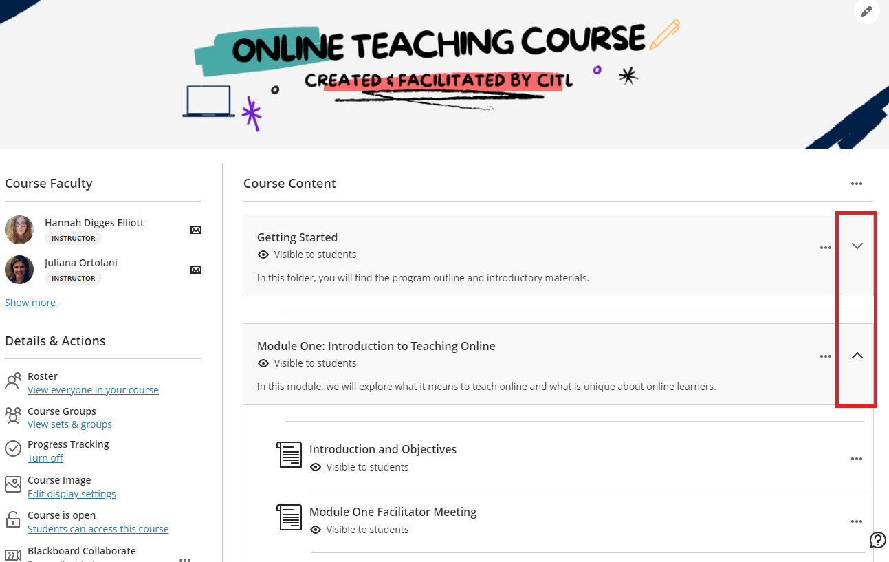 ultra course view highlighting the arrow to open or close a learning module