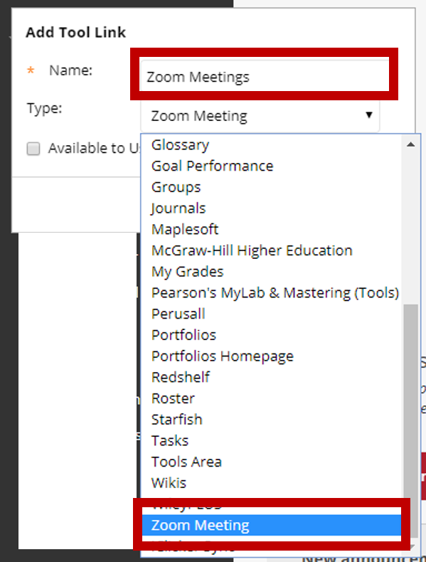 ZOOM course menu link in Blackboard
