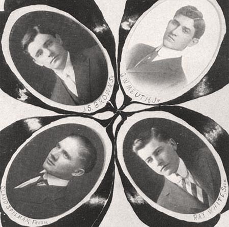 1915 competitors of the 6th annual Western Kentucky State Normal School inter-society oratory: Claud Spilman, J. Ray White, G.W. Meuth, and John S. Brown
