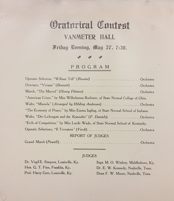 1910 program for the first known intercollegiate oratorical contest at which the Western Kentucky State Normal School competed (they also hosted)