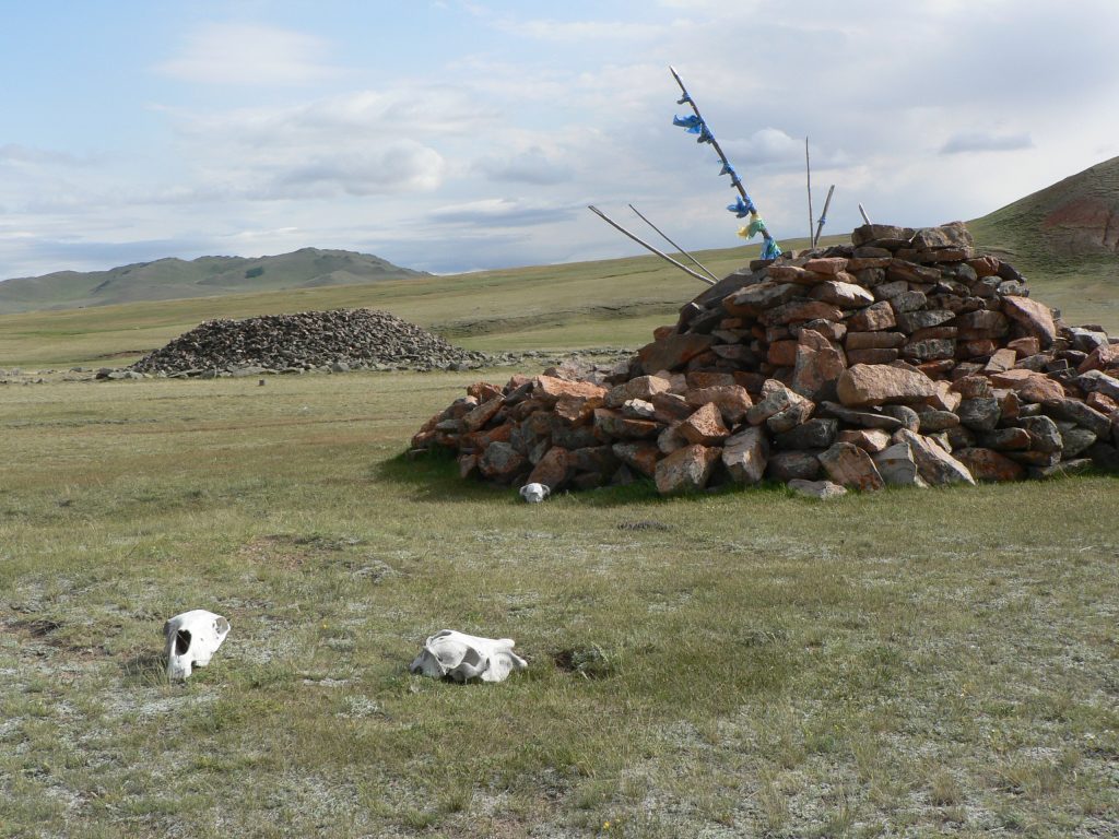 Khirigsuur with Ovoo and Horse Skulls