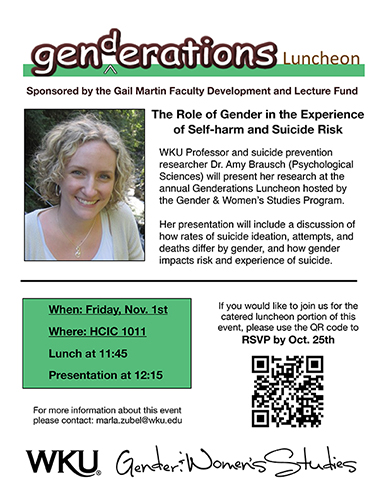 WKU Professor of Psychological Sciences to give research talk on gender, suicide, and self-harm at annual Genderations Luncheon