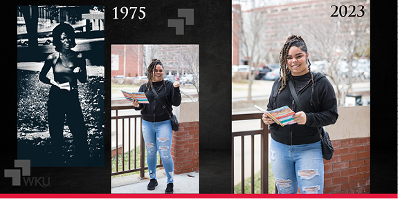 WKU student recreating the Black poetry readings that use to take place outside of the Downing University Center.