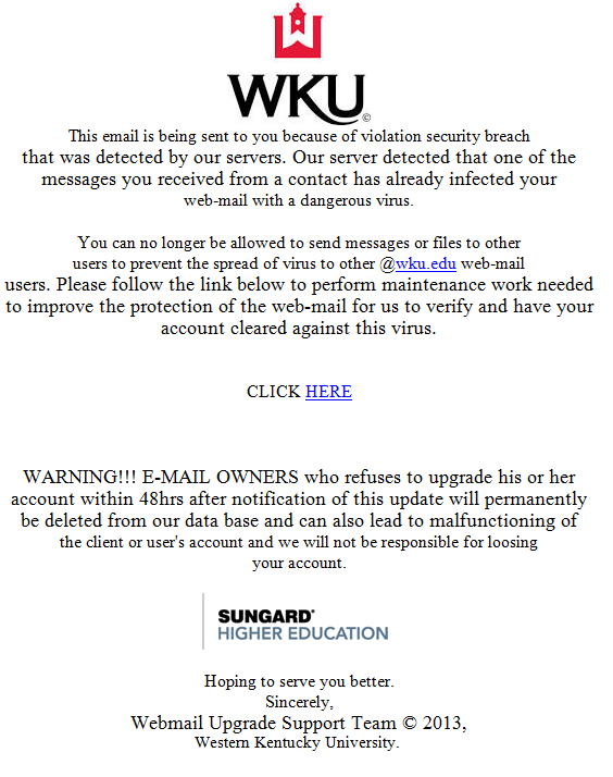 WKU Example phishing email