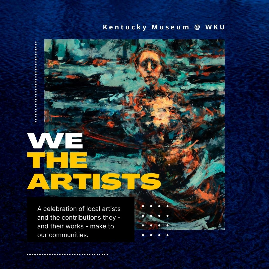 We the Artists text with painting of woman in blues and yellows