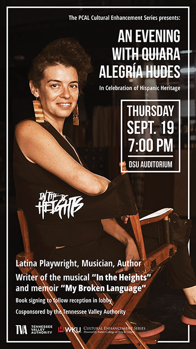 Pulitzer-winning playwright, author and Tony-winning musician Quiara Alegría Hudes offers audiences the opportunity to hear untold stories. Her memoir, My Broken Language, is a lyrical exploration of coming of age against the backdrop of a Philadelphia barrio, with her sprawling Puerto Rican family as a collective muse. Hudes won the Pulitzer Prize in Drama for her play Water by the Spoonful. She wrote the script for Tony Award-winning In the Heights, a Broadway play adapted into a major motion picture, in collaboration with Lin Manuel Miranda. The accompanying book, In the Heights: Finding Home, is a New York Times bestseller. Hudes’ screenplay for Netflix, Vivo, is her animation debut. As an essayist, she has written for The Nation, The Washington Post, The New York Times, and more. She is one of the most innovative artists of this generation, expanding the boundaries of storytelling. A book signing will immediately follow her talk. A QR attendance code will also be available. Admission is free, no tickets are necessary, and seating is on a first-come, first-served basis. 