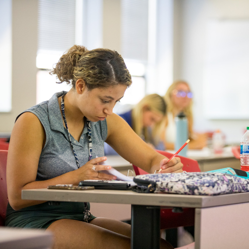 A Mathematics student takes notes in class.