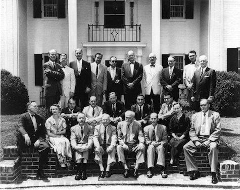Photo of poets and critics attending the Fugitives reunion at the home of Jesse Ely Wells in Nashville, Tennessee, 1956. First Row: Robert Penn Warren, Dorothy Bethurum (Loomis), Merrill Moore, John Crowe Ransom, Sidney M. Hirsch, Donald Davidson, Louise Cowan, William Yandell Elliott.
Second Row: William Thorp, Andrew Nelson Lytle, Jesse Ely Wills, Alfred Starr, Louis D. Rubin, Jr.
Third Row: Allen Tate, Cleanth Brooks, William C. Cobb, Rob Roy Purdy, Richmond Croom Beatty, Frank L. Owsley, Randall Stewart, Brainard Cheney, Robert Jacobs, Alec Brock Stevenson. Photo by Joe Radis of the Nashville Tennesseean. 
