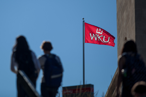 Silhouette of individuals walking in front of a blue sky and WKU flag