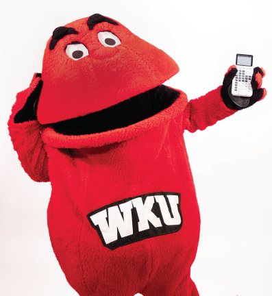 Big Red holding a calculator