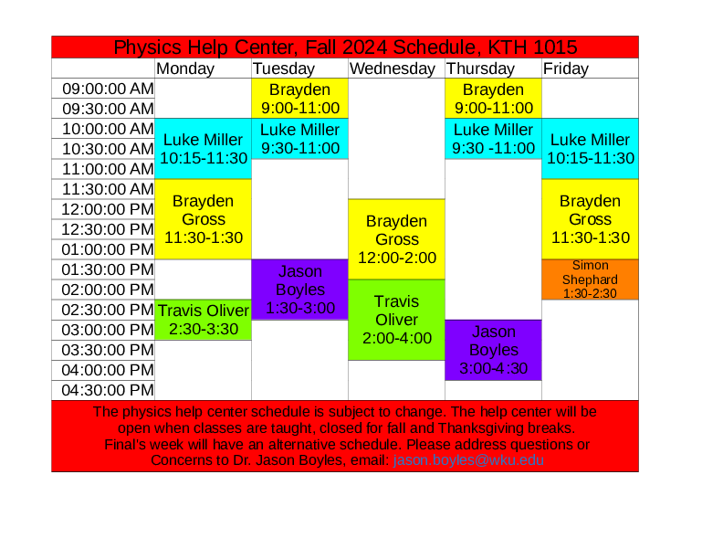 Fall 2024 Physics Help Center Schedule