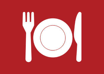 Red background with white shapes of fork, plate, and knife.