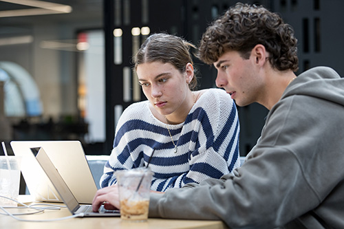 Two WKU students from the School of Leadership & Professional Studies collaborating on a project with a laptop.