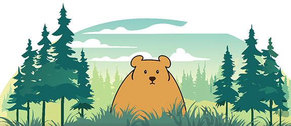 An illustrative, rotund bear frowns comically in a serene forest.