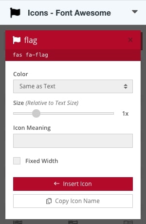 A screenshot of the Font Awesome gadget insert icon modal menu